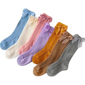 FZBNSRKO 7 Pairs Baby Knee High Socks,Cotton High Socks with Bow,Hollow Girl Dress Socks For Toddlers Newborn(Random Color)