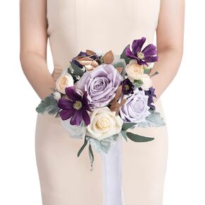 Ling's Moment Classic Navy Blue & Burgundy 7 Inch Artificial Flowers Wedding Bouquet for Bridesmaid - Tossing Bouquet - Bridal Bouquet for Wedding Ceremony Anniversary, Bridal Shower