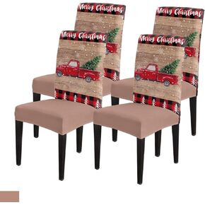 Savannan Merry Christmas Dining Chair Slipcover, Truck Tree Vintage Board Wood Grain Buffalo Check Stretch Covers Removable Parsons Protector for Kitchen Room Banquet Party, Set of 4 Carsan3372