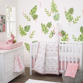 Nojo Tropical Flamingo Pink & White 100% Cotton 4Piece Nursery Crib Bedding Set, Embroidered Quilt, Fitted Sheet, Dust Ruffle, & Diaper Stacker, Pink, White, Grey
