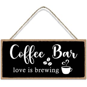 Coffee Bar Love is Brewing Vintage Kitchen Coffee Sign, Funny Black Farmhouse Wooden Hanging Wall Art Coffee Plaque for Home Kitchen Office Coffee Bar Porch Decor, 5 x 10 inch