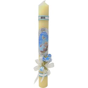شمعة معمودية كاثوليكية للاولاد، شموع عمودية مع شريط وزهور صناعية وصورة للرضع، هدية معمودية، بطول 11.5 انش in Kuwait