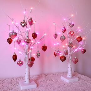 Valentines Day Lighted Birch Tree: 24 Inch Small Table Top Artificial LED Lights Tree Decor with White Branches and Hanging Heart Shaped Ornaments & Decorations, Timer USB & Battery Operated in Saudi Arabia