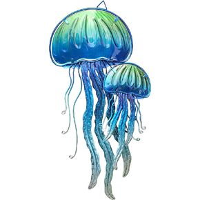 JOYBee Ocean Jellyfish Wall Art Decor-Sea Life Nautical Home Hanging Decor-Glass&Metal Jellyfish Decoration For Pool,Beach,Patio,Living Room,Bathroom,Boat, Coastal Decorations(17inch)