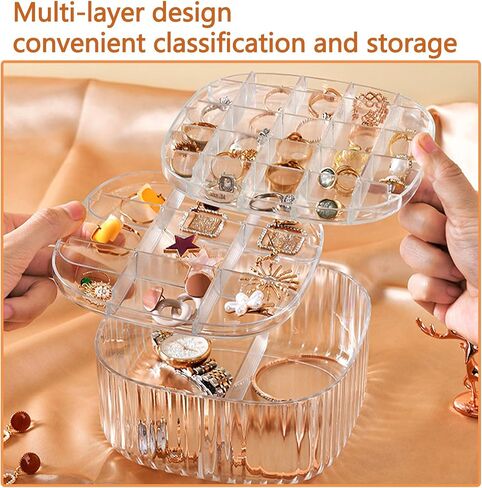 صندوق مجوهرات مكتبي شفاف ثلاثي الطبقات من MIAO YUAN، صندوق تخزين حلقي من الأكريليك، منظم مجوهرات مجزأ للقلائد والأساور والساعات in Kuwait