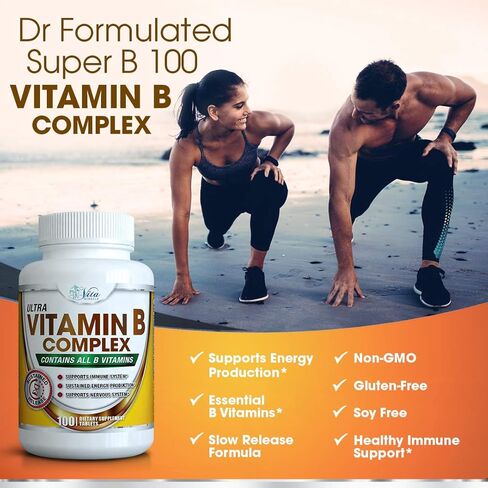 فيتامينات سوبر بي المعقدة (100 قطعة) - جميع كبسولات فيتامين بي عالية الفعالية تزيد من الطاقة بالإضافة إلى الإطلاق المستدام لمركب بي النقي in Kuwait