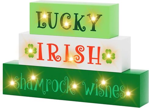 St Patricks Day Decorations St Patrick's Day Wooden Block Lighted Lucky Irish Shamrock Wishes St Patricks Day Irish Festive Farmhouse Tiered Tray Decor Green Decor Irish Gifts Battery Operated in Kuwait