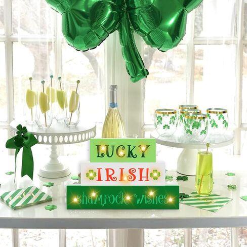 St Patricks Day Decorations St Patrick's Day Wooden Block Lighted Lucky Irish Shamrock Wishes St Patricks Day Irish Festive Farmhouse Tiered Tray Decor Green Decor Irish Gifts Battery Operated in Kuwait