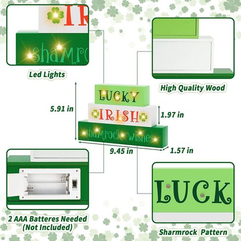 St Patricks Day Decorations St Patrick's Day Wooden Block Lighted Lucky Irish Shamrock Wishes St Patricks Day Irish Festive Farmhouse Tiered Tray Decor Green Decor Irish Gifts Battery Operated in Kuwait