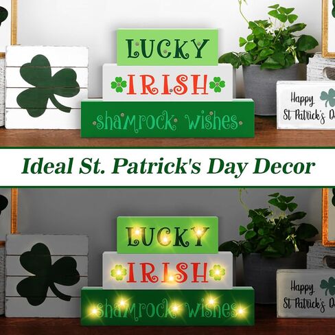 St Patricks Day Decorations St Patrick's Day Wooden Block Lighted Lucky Irish Shamrock Wishes St Patricks Day Irish Festive Farmhouse Tiered Tray Decor Green Decor Irish Gifts Battery Operated in Kuwait