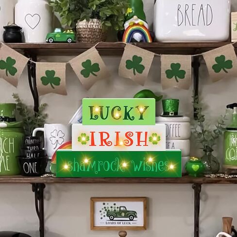 St Patricks Day Decorations St Patrick's Day Wooden Block Lighted Lucky Irish Shamrock Wishes St Patricks Day Irish Festive Farmhouse Tiered Tray Decor Green Decor Irish Gifts Battery Operated in Kuwait