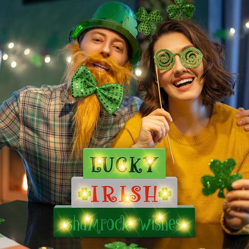 St Patricks Day Decorations St Patrick's Day Wooden Block Lighted Lucky Irish Shamrock Wishes St Patricks Day Irish Festive Farmhouse Tiered Tray Decor Green Decor Irish Gifts Battery Operated in Kuwait