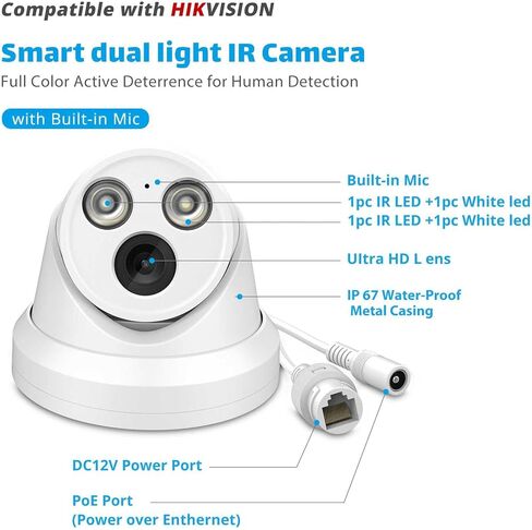 كاميرا VIKYLIN 5MP IP POE للأماكن الخارجية، متوافقة مع رؤية ليلية ذكية ذات لون فاتح مزدوج من Hikvision، الأشعة تحت الحمراء طويلة المدى، ميكروفون مدمج، ردع نشط للكشف البشري، عدسة 2.8 مم، IP67، WDR... in Kuwait