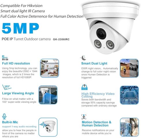 كاميرا VIKYLIN 5MP IP POE للأماكن الخارجية، متوافقة مع رؤية ليلية ذكية ذات لون فاتح مزدوج من Hikvision، الأشعة تحت الحمراء طويلة المدى، ميكروفون مدمج، ردع نشط للكشف البشري، عدسة 2.8 مم، IP67، WDR... in Kuwait