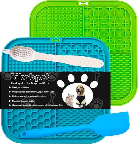 Bikabpet Lick mat for Dogs, Peanut Butter and Slow Feeders for Dogs, Dog Lick Mat with Suction Cups, Apply Dog Bath Grooming to Divert Anxiety，Silicone Scraper and scrubbing Brush (Blue+Green01) in Kuwait