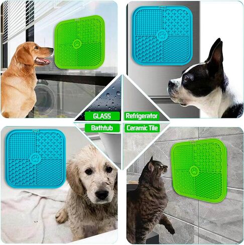 Bikabpet Lick mat for Dogs, Peanut Butter and Slow Feeders for Dogs, Dog Lick Mat with Suction Cups, Apply Dog Bath Grooming to Divert Anxiety，Silicone Scraper and scrubbing Brush (Blue+Green01) in Kuwait