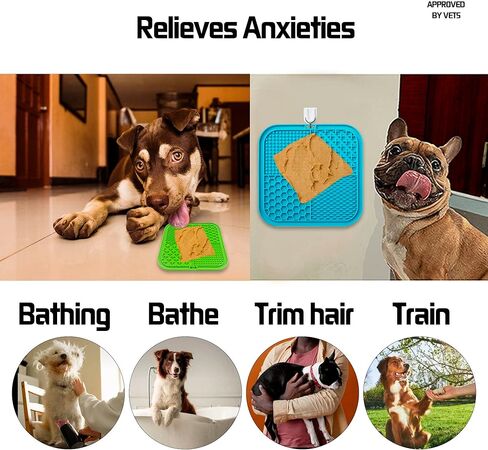 Bikabpet Lick mat for Dogs, Peanut Butter and Slow Feeders for Dogs, Dog Lick Mat with Suction Cups, Apply Dog Bath Grooming to Divert Anxiety，Silicone Scraper and scrubbing Brush (Blue+Green01) in Kuwait