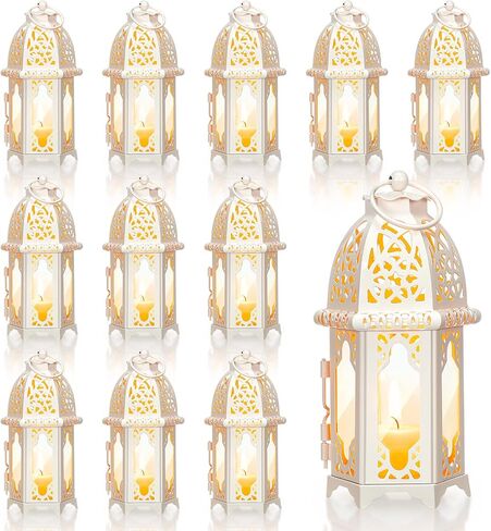 Potchen 12 Pcs Moroccan Style Candle Lantern Vintage Decorative Lanterns Metal Decor with Transparent Glass White for Weddings Rustic Outdoor Holder Hanging Tealight Party in Saudi Arabia