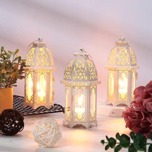 Potchen 12 Pcs Moroccan Style Candle Lantern Vintage Decorative Lanterns Metal Decor with Transparent Glass White for Weddings Rustic Outdoor Holder Hanging Tealight Party in Saudi Arabia