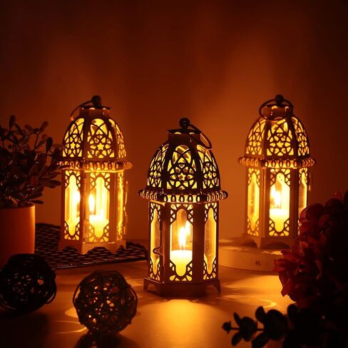 Potchen 12 Pcs Moroccan Style Candle Lantern Vintage Decorative Lanterns Metal Decor with Transparent Glass White for Weddings Rustic Outdoor Holder Hanging Tealight Party in Saudi Arabia