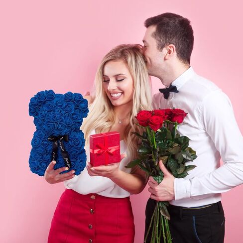 DuHouse Rose Bear Rose Teddy Bear Flower Gift Black Box for Valentines Day Anniversary Mothers Day Christmas Birthdays -Fully Handmade 10 inch Flower Bear Clear Unique Gift Box (Baby Blue) in Saudi Arabia
