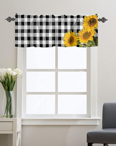 ستائر نافذة جيب قضيب الربيع ريفي ريفي مزرعة عباد الشمس ستائر قصيرة للنوافذ، 54 × 18 بوصة ستارة علوية ستارة جاموس منقوشة للمطبخ/غرفة المعيشة/الحمام أسود أبيض in Kuwait