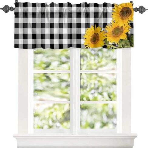 ستائر نافذة جيب قضيب الربيع ريفي ريفي مزرعة عباد الشمس ستائر قصيرة للنوافذ، 54 × 18 بوصة ستارة علوية ستارة جاموس منقوشة للمطبخ/غرفة المعيشة/الحمام أسود أبيض in Kuwait