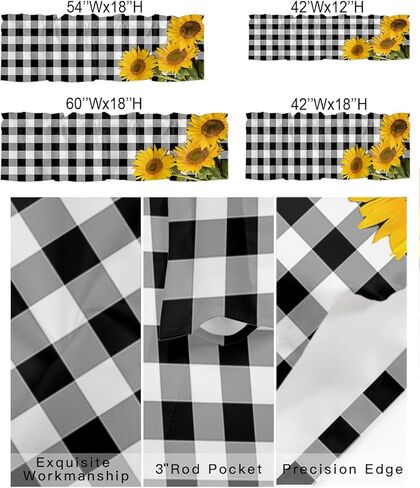 ستائر نافذة جيب قضيب الربيع ريفي ريفي مزرعة عباد الشمس ستائر قصيرة للنوافذ، 54 × 18 بوصة ستارة علوية ستارة جاموس منقوشة للمطبخ/غرفة المعيشة/الحمام أسود أبيض in Kuwait