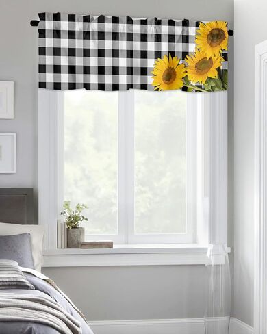 ستائر نافذة جيب قضيب الربيع ريفي ريفي مزرعة عباد الشمس ستائر قصيرة للنوافذ، 54 × 18 بوصة ستارة علوية ستارة جاموس منقوشة للمطبخ/غرفة المعيشة/الحمام أسود أبيض in Kuwait