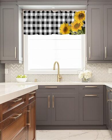 ستائر نافذة جيب قضيب الربيع ريفي ريفي مزرعة عباد الشمس ستائر قصيرة للنوافذ، 54 × 18 بوصة ستارة علوية ستارة جاموس منقوشة للمطبخ/غرفة المعيشة/الحمام أسود أبيض in Kuwait