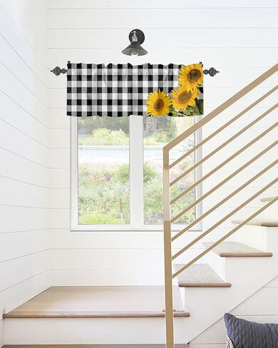 ستائر نافذة جيب قضيب الربيع ريفي ريفي مزرعة عباد الشمس ستائر قصيرة للنوافذ، 54 × 18 بوصة ستارة علوية ستارة جاموس منقوشة للمطبخ/غرفة المعيشة/الحمام أسود أبيض in Kuwait