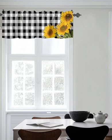 ستائر نافذة جيب قضيب الربيع ريفي ريفي مزرعة عباد الشمس ستائر قصيرة للنوافذ، 54 × 18 بوصة ستارة علوية ستارة جاموس منقوشة للمطبخ/غرفة المعيشة/الحمام أسود أبيض in Kuwait