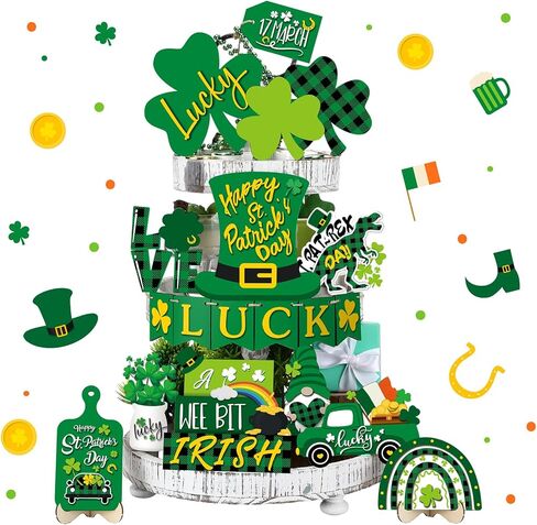 19 Pcs St. Patrick's Day Tiered Tray Decor Shamrock Wooden Tiered Tray Decorations Irish Festival Wood Sign Farmhouse Rustic Table Centerpiece Blocks for Home Table Houseroom(Elegant Style) in Saudi Arabia