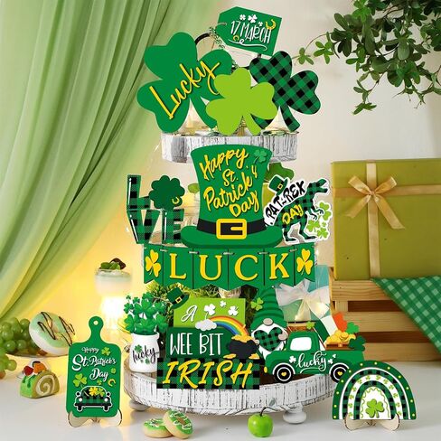 19 Pcs St. Patrick's Day Tiered Tray Decor Shamrock Wooden Tiered Tray Decorations Irish Festival Wood Sign Farmhouse Rustic Table Centerpiece Blocks for Home Table Houseroom(Elegant Style) in Saudi Arabia