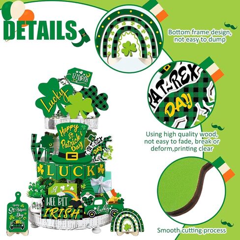 19 Pcs St. Patrick's Day Tiered Tray Decor Shamrock Wooden Tiered Tray Decorations Irish Festival Wood Sign Farmhouse Rustic Table Centerpiece Blocks for Home Table Houseroom(Elegant Style) in Saudi Arabia