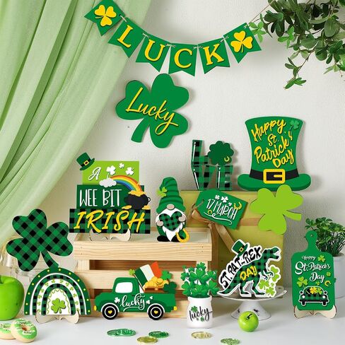 19 Pcs St. Patrick's Day Tiered Tray Decor Shamrock Wooden Tiered Tray Decorations Irish Festival Wood Sign Farmhouse Rustic Table Centerpiece Blocks for Home Table Houseroom(Elegant Style) in Saudi Arabia