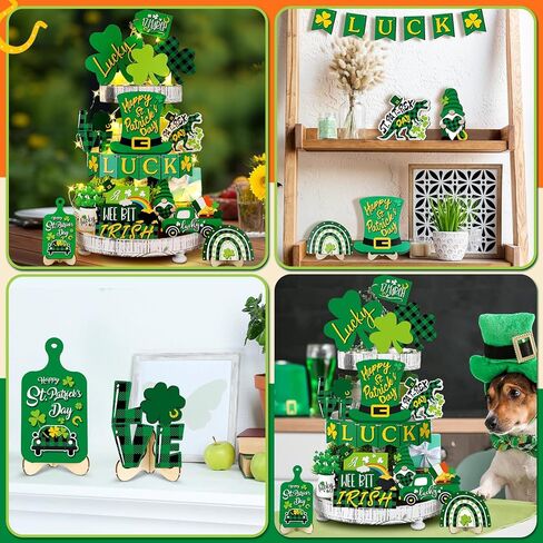 19 Pcs St. Patrick's Day Tiered Tray Decor Shamrock Wooden Tiered Tray Decorations Irish Festival Wood Sign Farmhouse Rustic Table Centerpiece Blocks for Home Table Houseroom(Elegant Style) in Saudi Arabia