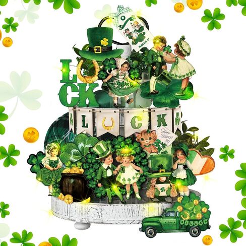 19 Pcs St. Patrick's Day Tiered Tray Decor Shamrock Wooden Tiered Tray Decorations Irish Festival Wood Sign Farmhouse Rustic Table Centerpiece Blocks for Home Table Houseroom(Elegant Style) in Saudi Arabia