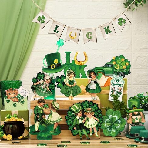 19 Pcs St. Patrick's Day Tiered Tray Decor Shamrock Wooden Tiered Tray Decorations Irish Festival Wood Sign Farmhouse Rustic Table Centerpiece Blocks for Home Table Houseroom(Elegant Style) in Saudi Arabia