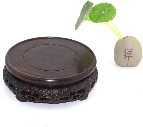 GOLDY&WENDY Round Solid Wood Brown Rosewood Base Bamboo Leaf Carving Craft Pedestal Stand(3.1''Inside Diameter) in Kuwait