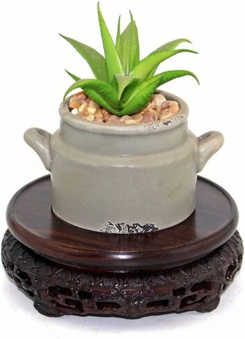 GOLDY&WENDY Round Solid Wood Brown Rosewood Base Bamboo Leaf Carving Craft Pedestal Stand(3.1''Inside Diameter) in Kuwait