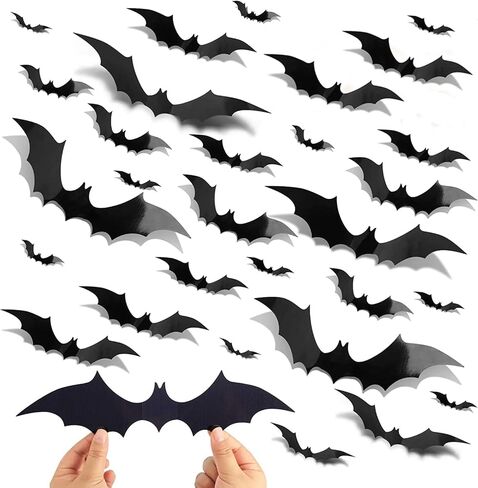 Halloween Bats Wall Decor,70PCS Realistic PVC 3D Bat Sticker 4 Different Sizes Black Bats Sticker for Hallowmas Party Supplies in Kuwait