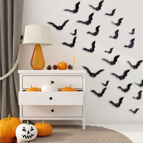 Halloween Bats Wall Decor,70PCS Realistic PVC 3D Bat Sticker 4 Different Sizes Black Bats Sticker for Hallowmas Party Supplies in Kuwait