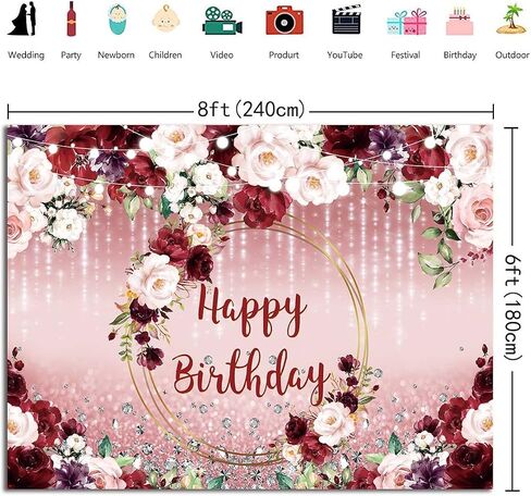الأزهار خلفية عيد ميلاد سعيد للنساء 7x5FT زهور بورجوندي ارتفع الذهب بريق خوخه التصوير الفوتوغرافي خلفية الفتيات حفلة عيد ميلاد كعكة الجدول الزينة صورة تبادل لاطلاق النار راية الدعائم (84x60 بوصة) in Kuwait