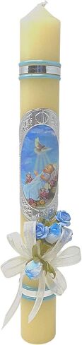 شمعة معمودية كاثوليكية للاولاد، شموع عمودية مع شريط وزهور صناعية وصورة للرضع، هدية معمودية، بطول 11.5 انش in Kuwait