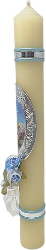 شمعة معمودية كاثوليكية للاولاد، شموع عمودية مع شريط وزهور صناعية وصورة للرضع، هدية معمودية، بطول 11.5 انش in Kuwait