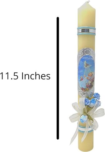 شمعة معمودية كاثوليكية للاولاد، شموع عمودية مع شريط وزهور صناعية وصورة للرضع، هدية معمودية، بطول 11.5 انش in Kuwait