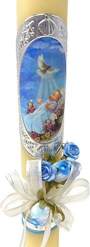 شمعة معمودية كاثوليكية للاولاد، شموع عمودية مع شريط وزهور صناعية وصورة للرضع، هدية معمودية، بطول 11.5 انش in Kuwait