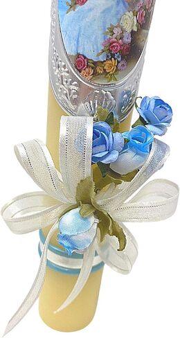 شمعة معمودية كاثوليكية للاولاد، شموع عمودية مع شريط وزهور صناعية وصورة للرضع، هدية معمودية، بطول 11.5 انش in Kuwait