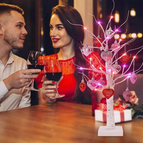 شجرة البتولا المضيئة في عيد الحب: 24 بوصة على طاولة صغيرة مزودة بمصابيح LED صناعية لتزيين الشجرة مع فروع بيضاء وزخارف وديكورات معلقة على شكل قلب، ومؤقت USB وتعمل بالبطارية in Saudi Arabia